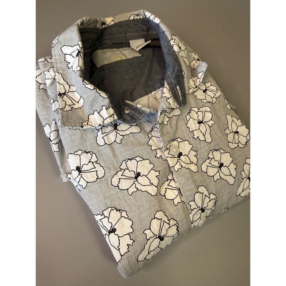Claiborne Mens Slim Fit Stretch Cotton Floral Button Down Shirt Grey White M